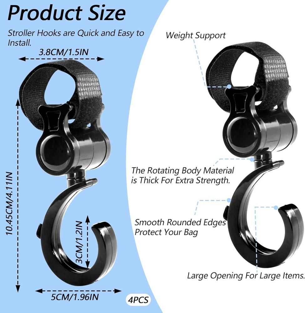 Stroller Hooks Hanging 360 Rotation 4 Pack