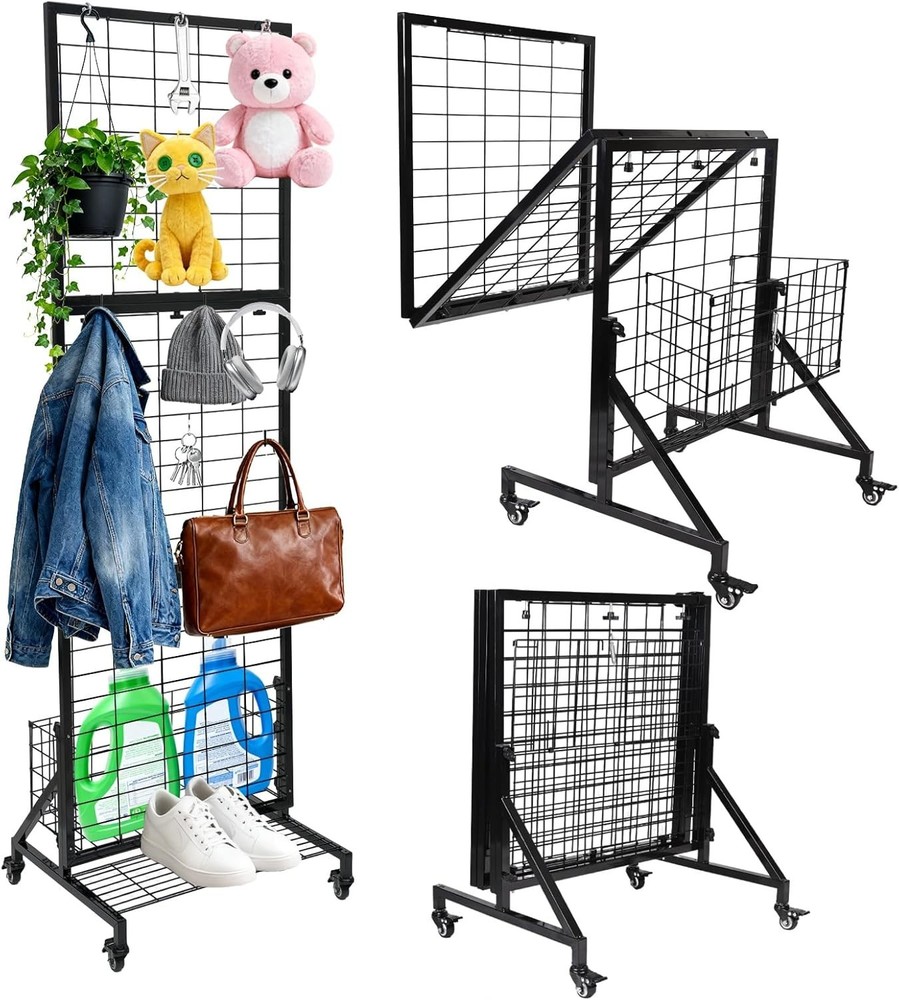 Display Grid Rack 6 ft Panel Foldable Craft Art Gridwall Tower W/ Basket & Tray