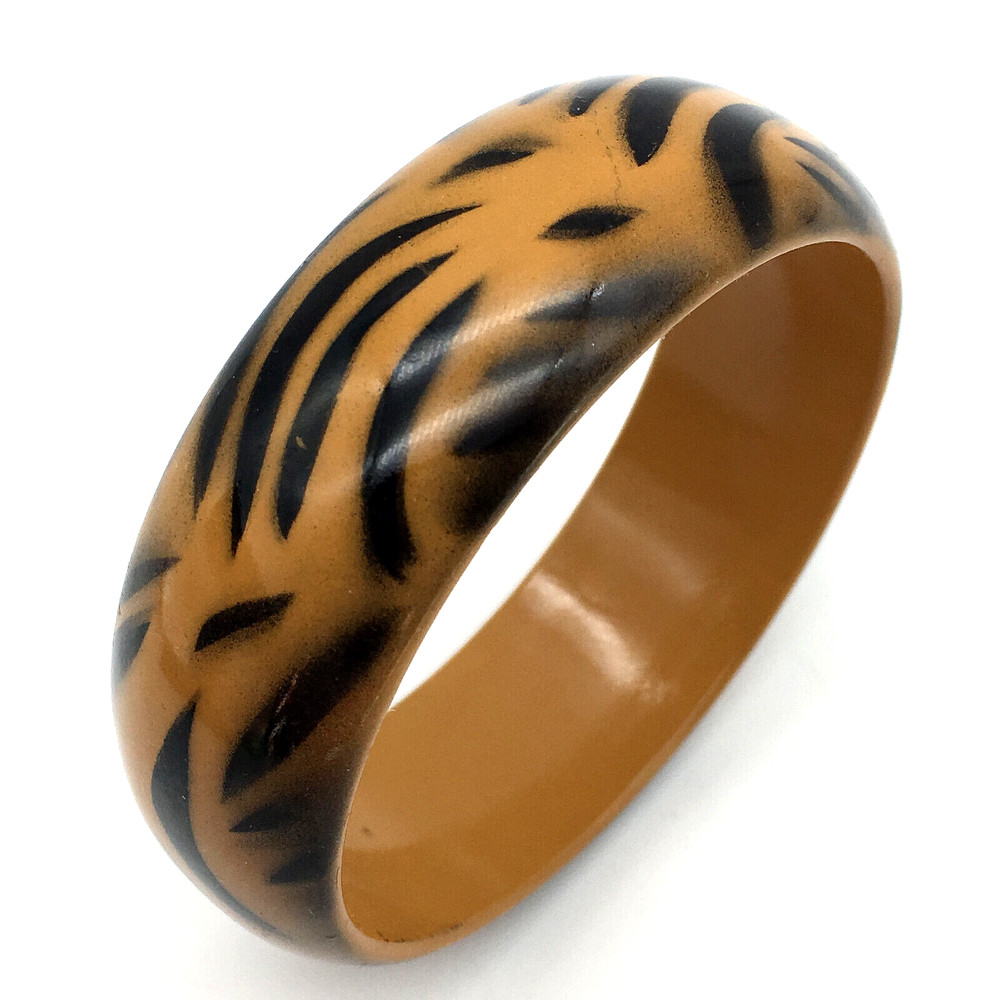Black & Tan Tiger Stripe Hand Painted Acrylic Bangle Bracelet