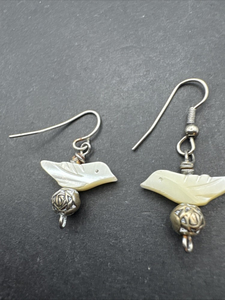 Native Inspired Dangle Drop MOP Bird 1” Earrings Silver Tone