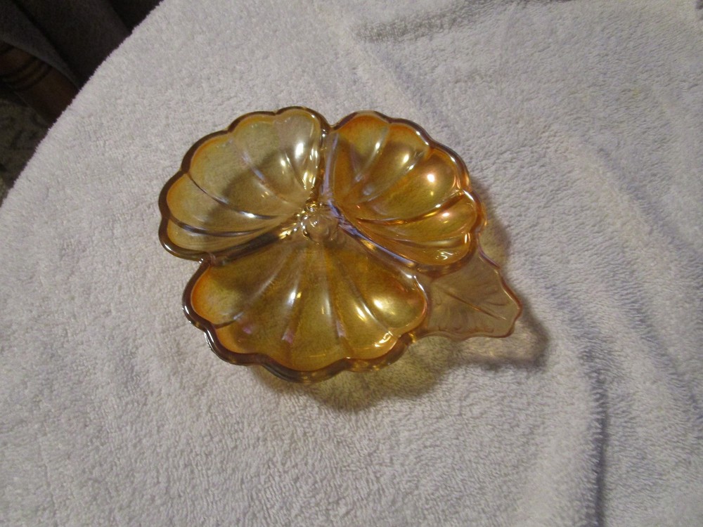 Vintage Carnival Glass Marigold Sectional Candy Dish Leaf Pattern 3 Sections