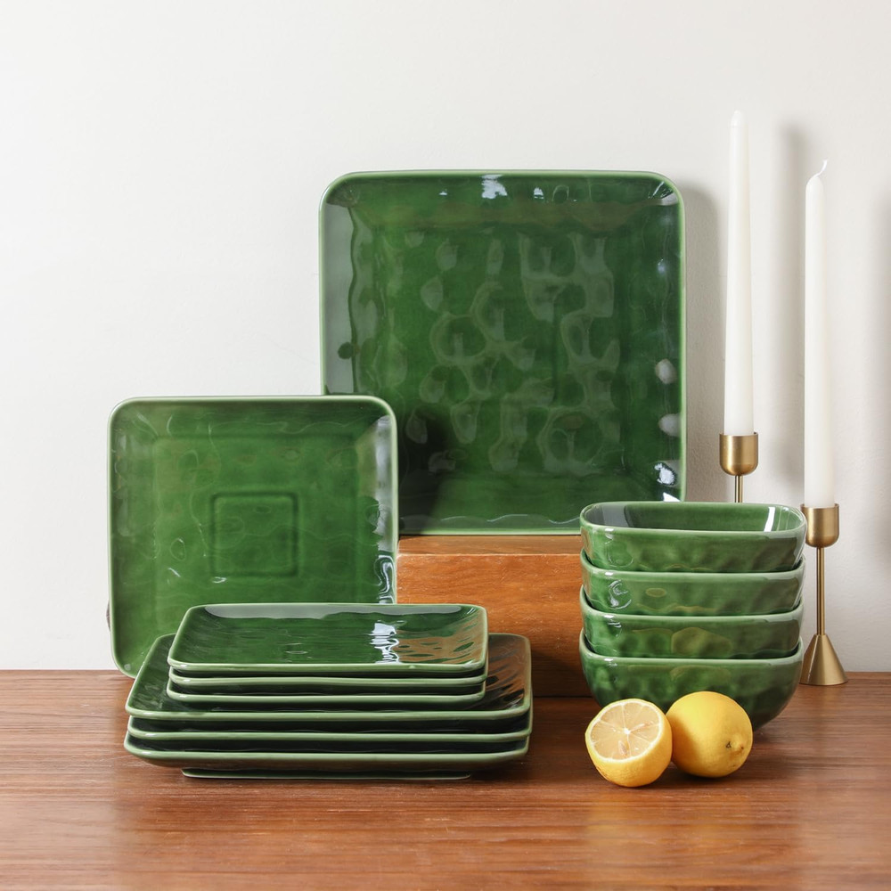 Stylish Green Ceramic 12-Piece Dinnerware Set for 4 - Scratch Resistant & Safe