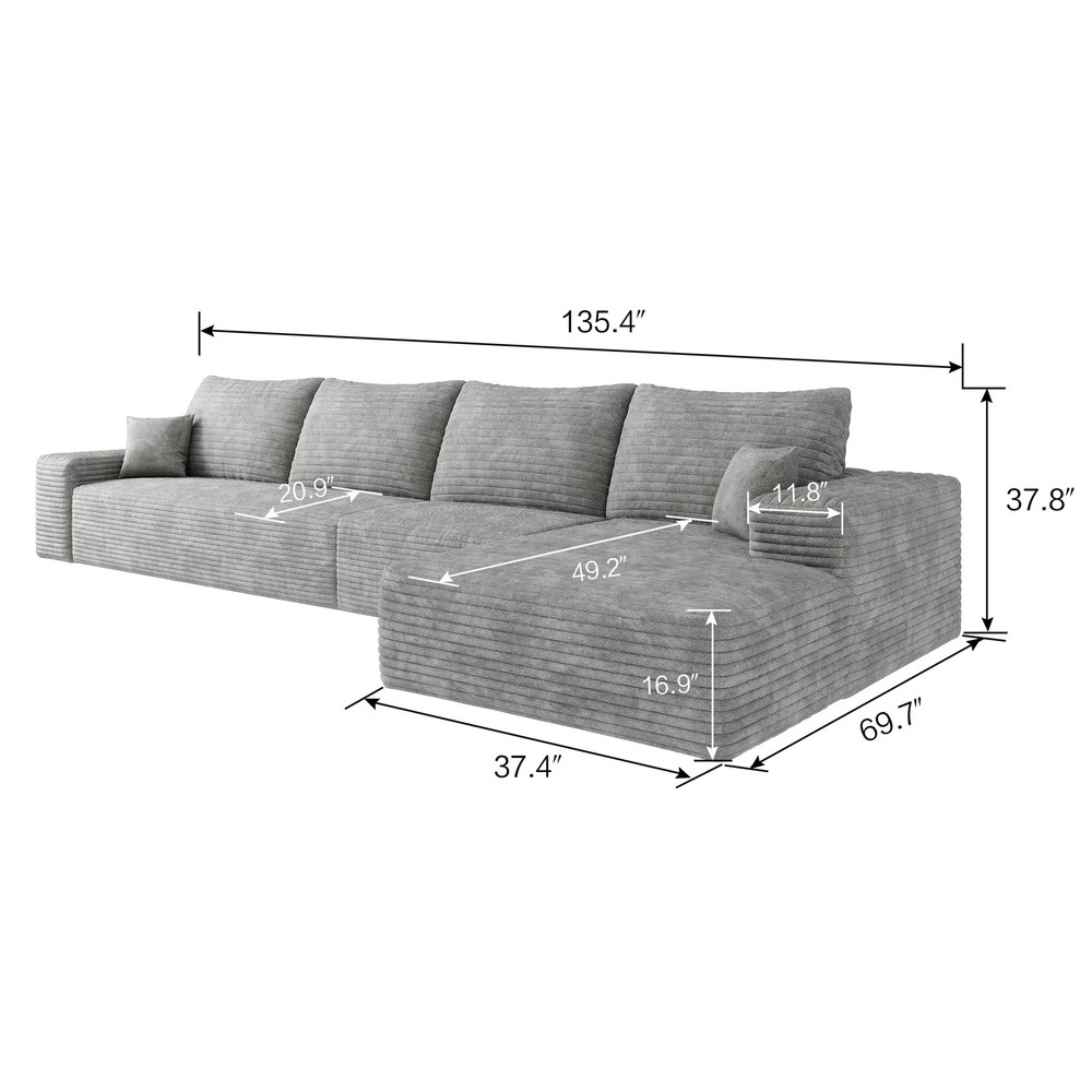 135" Cloud Sectional Couch with L-Shape Chaise,Modern Modular Sofa with Deep S