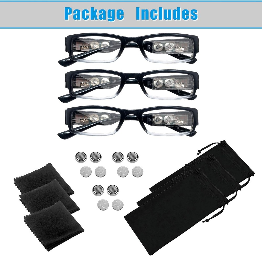 3 Pack Reading Glasses with Lights and Magnifier Black