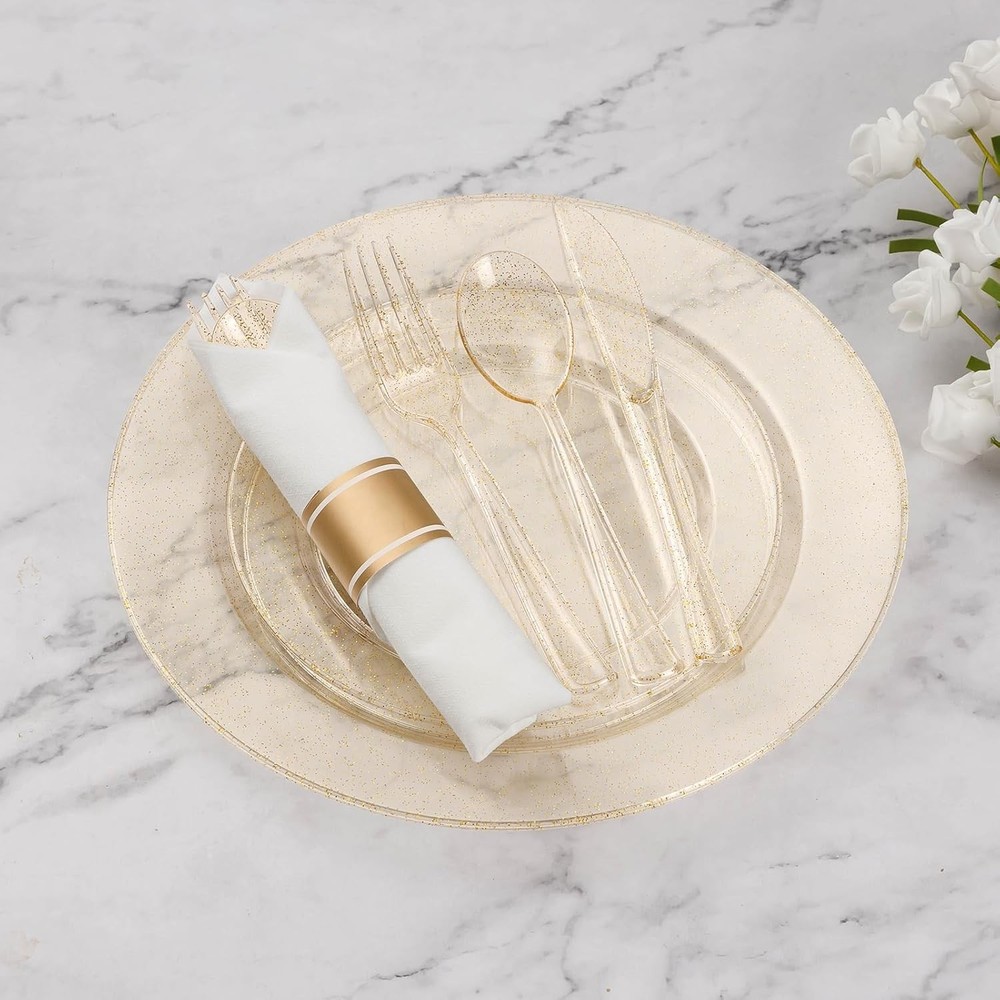 Goodluck 700 Piece Gold Glitter Plastic Dinnerware Set for 100