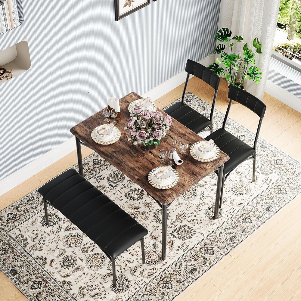 Dining Table Set 4 Space-Saving Wood Kitchen Table W/ Upholstered Bench & 2