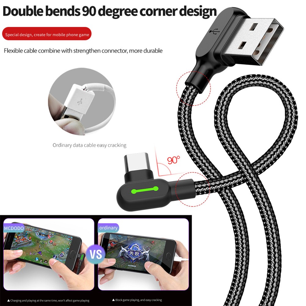 USB Type-C Fast Charger Right Angle USB-A to USB C Charging Cable Data SYNC Cord