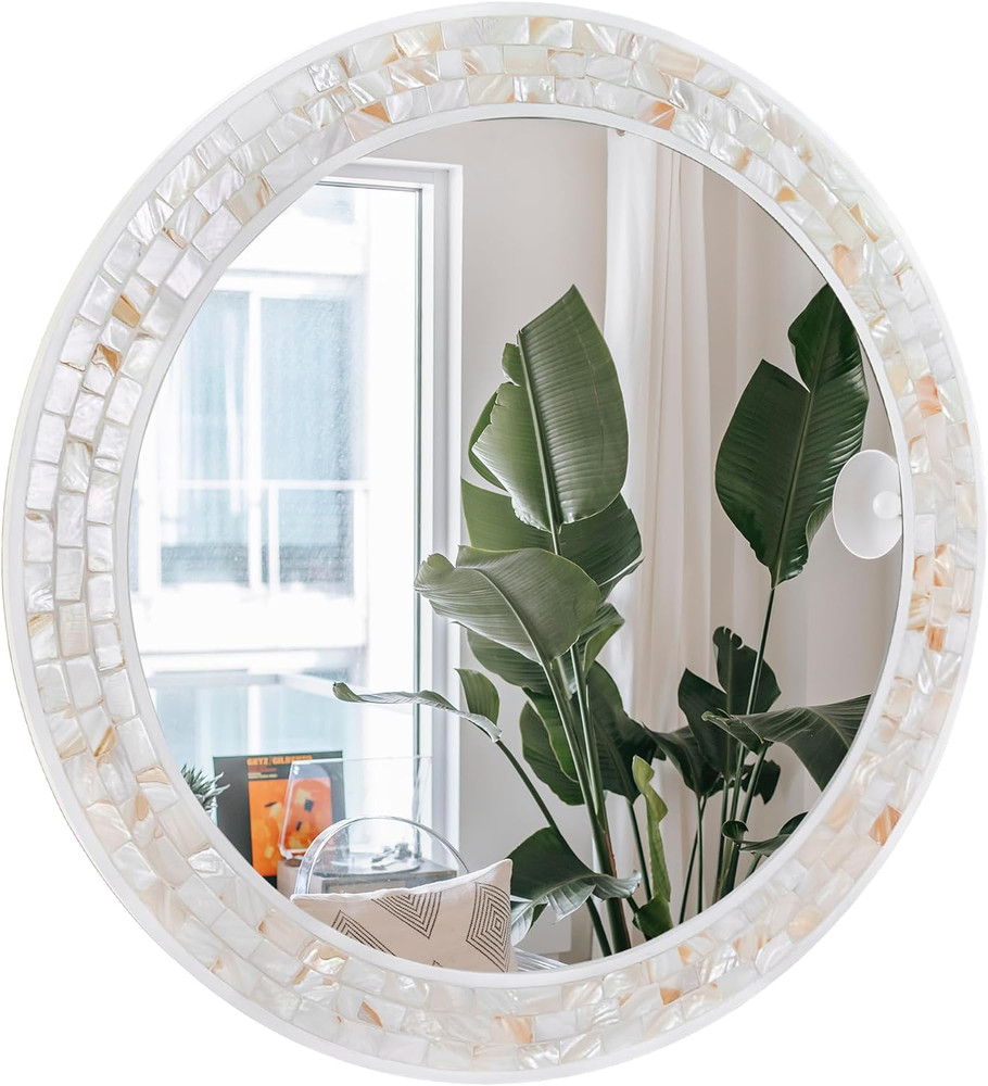 30" White Round Bathroom Mirror with Natural Shell Mosaic Frame