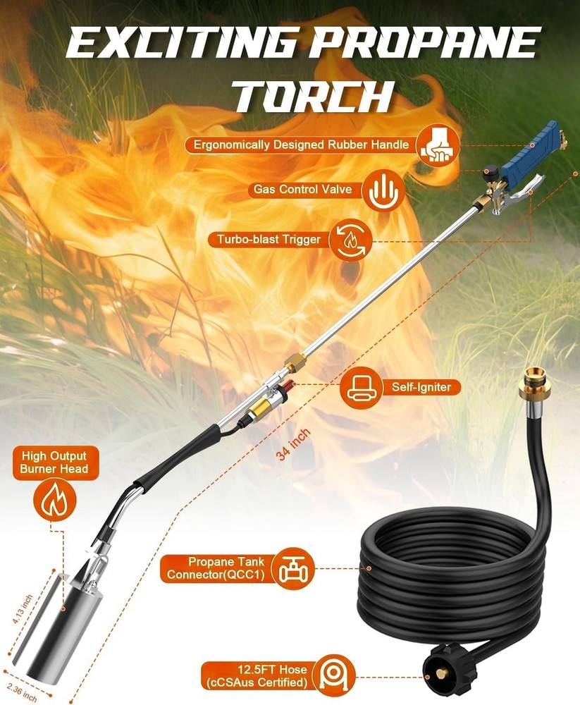 Propane Torch Weed Burner Kit, High Output with Long/Short Mode,Self Igniter ...