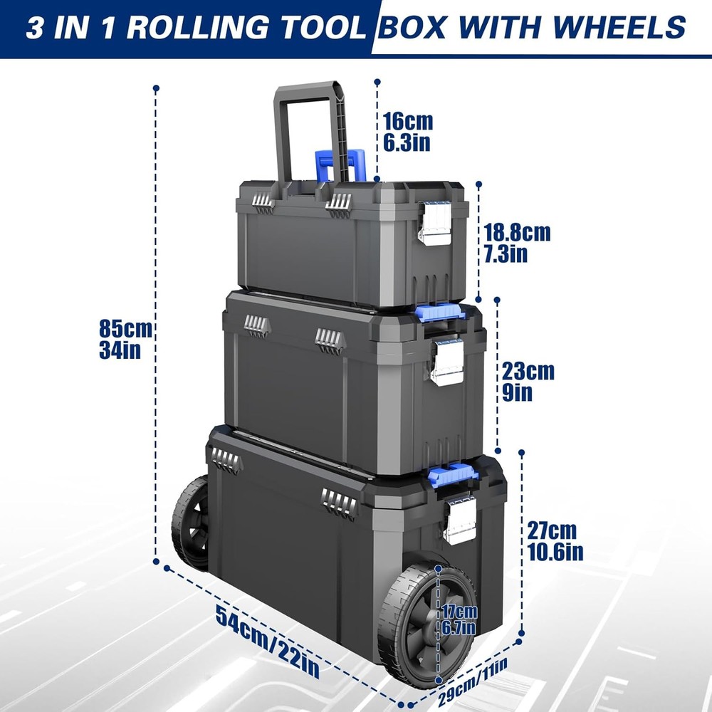 Stackable Toolbox with Detachable Parts Box Organizer 3-In-1 Rolling Tool Box