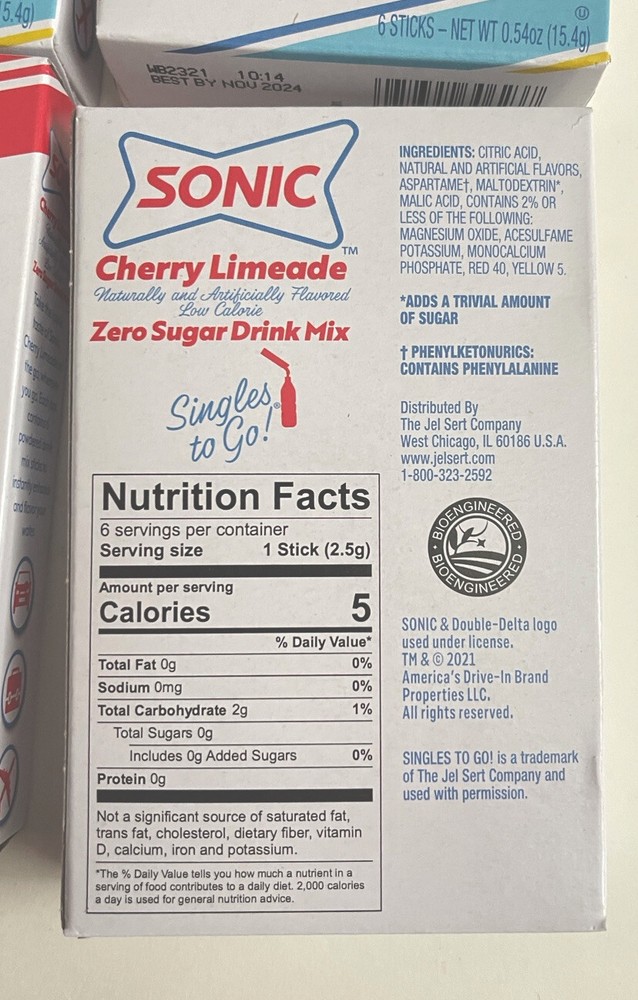 Sonic Cherry Limeade Zero Sugar Drink Mix Singles 6 Boxes/6 Sticks (36 Total)