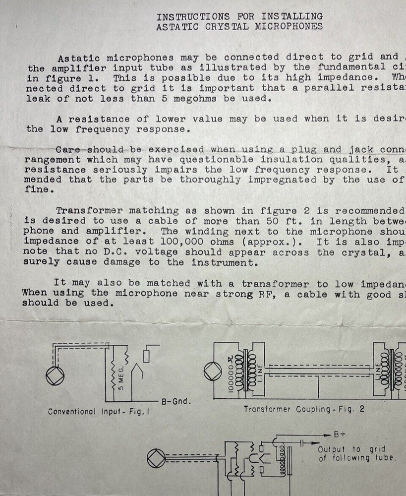 ASTATIC CRYSTAL MICROPHONE INSTALLING 1 page INSTRUCTION ORIGINAL 1948 JO1353