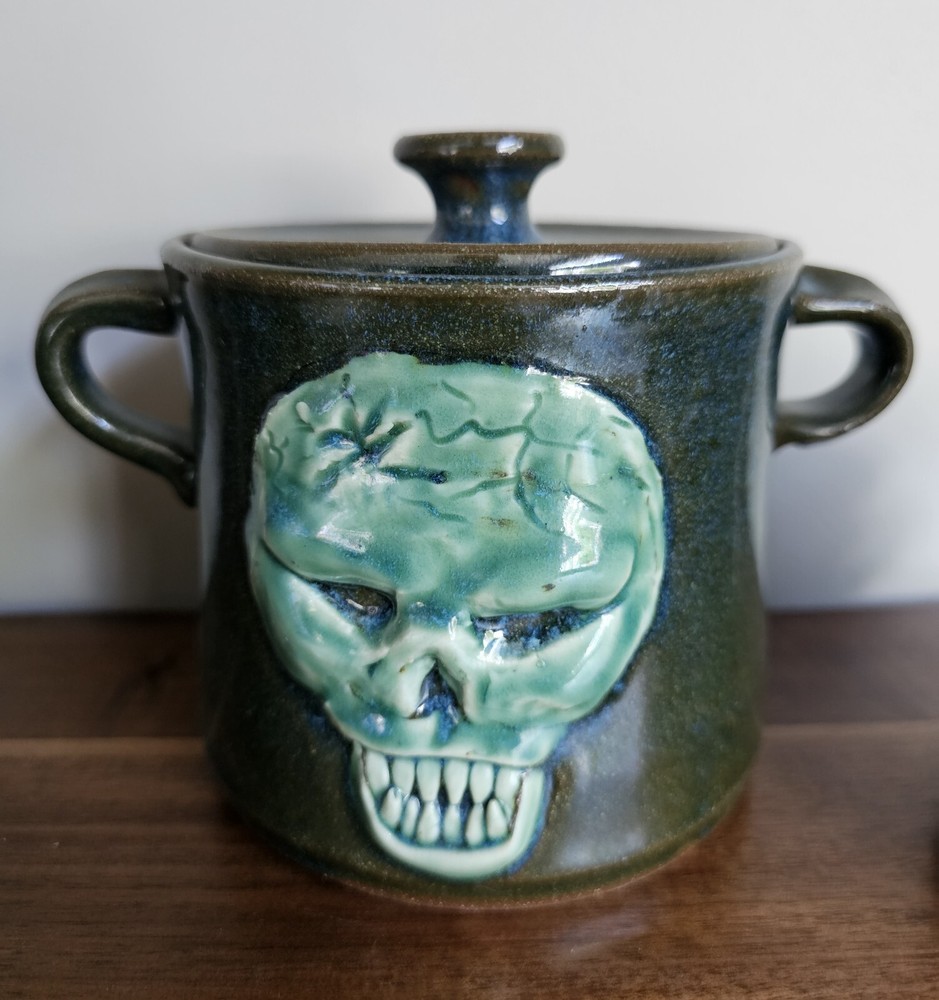 Scull Handmade Pottery 3 Canisters Green Jar Storage Unique