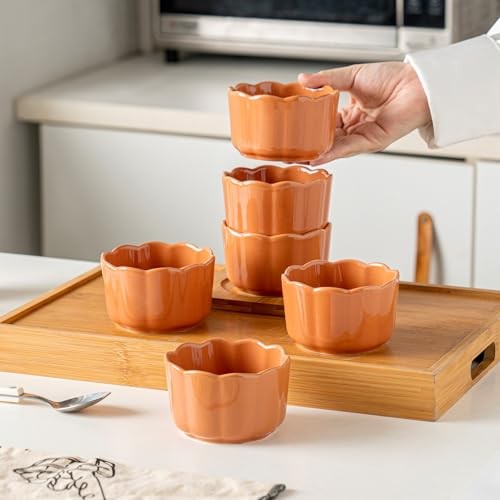 6-Piece 6 Oz Scallop-Edged Ceramic Ramekins - Versatile 6oz Cinnamon Orange