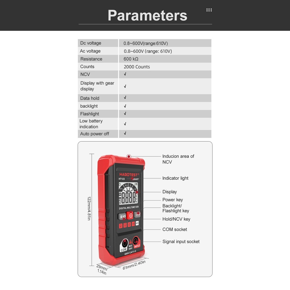 Multimeter Digital Display High Accuracy Backlit Auto Range Intelligent Electric