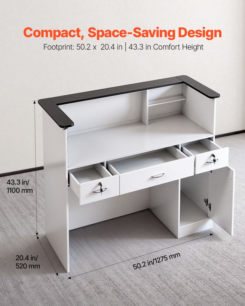VEVOR Reception Desk 50 inch Rectangular Front Counter Table with LED & Drawers