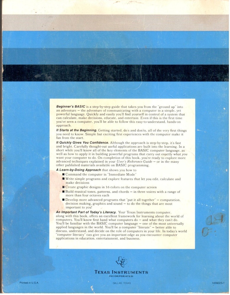 ITHistory (1981) MANUAL: BEGINNERS BASIC (TI 99/4A/ Texas Instruments) OF