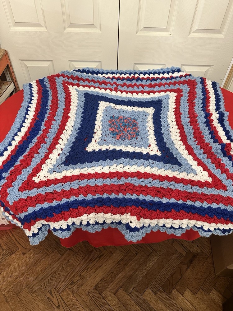 Crocheted Blanket Afghan Red White And Blue Square Pattern Xl