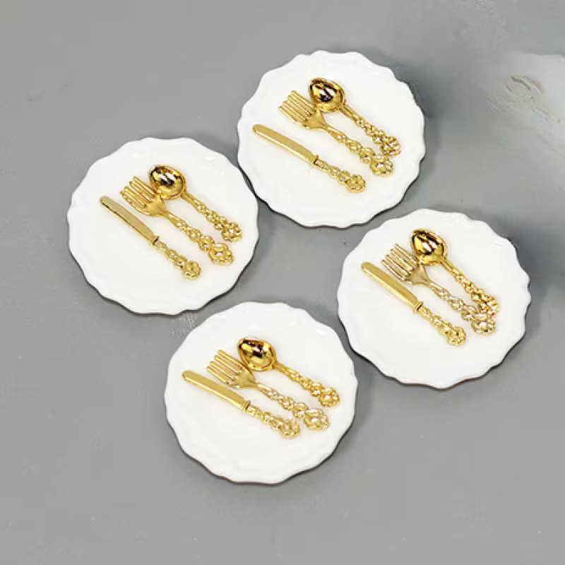 Dollhouse Ceramic Plates and Silverware Sunday Best Sets 1/12 Scale