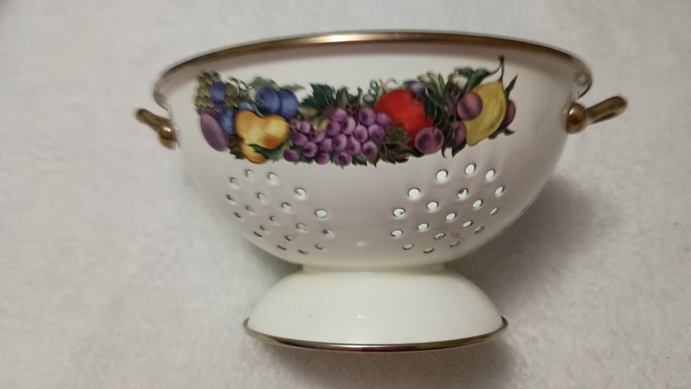 Vintage Cornucopia Colander White Enamel Colander Strainer Fruit