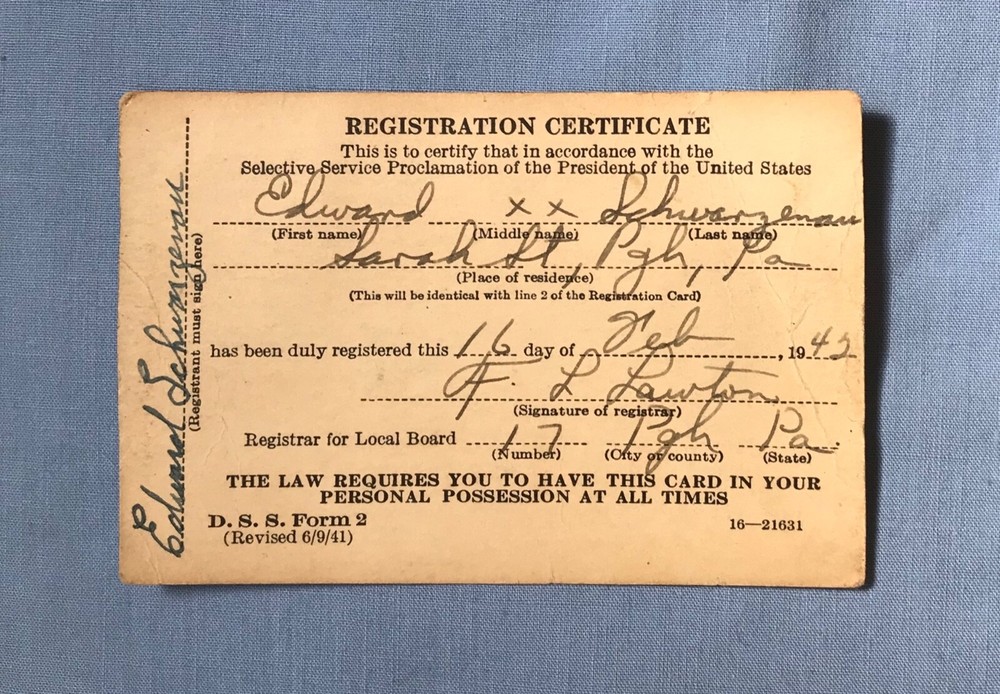 WWII Original Documents Pittsburgh PA Local Board #17 Classification Induction