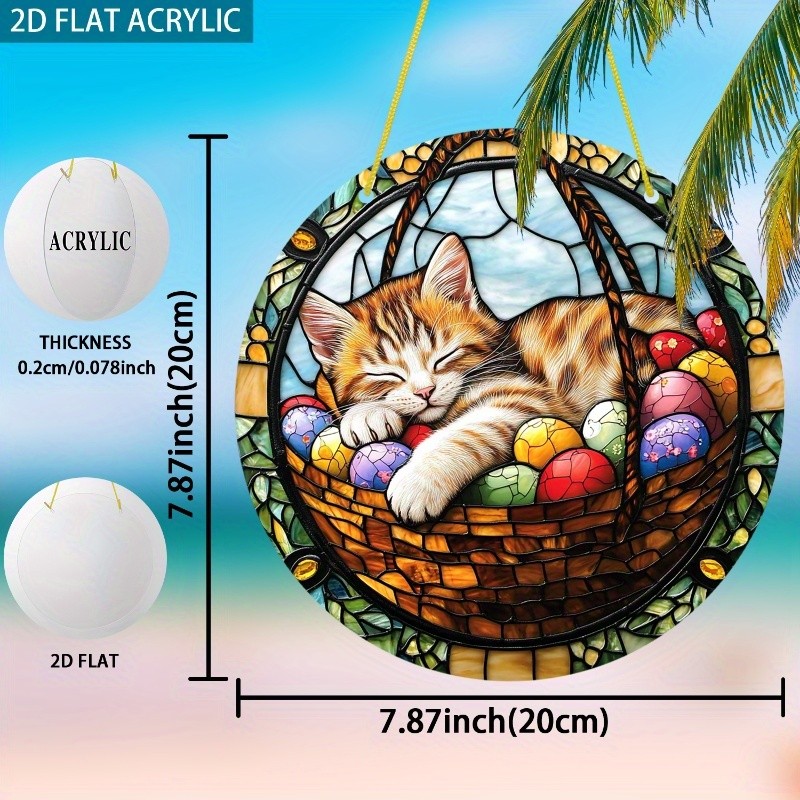 Round Sleeping Cat Acrylic Suncatcher Easter Egg Basket Vibrant Window Decor