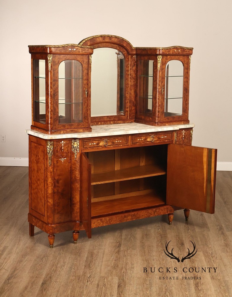 Walnut Marble Top Sideboard With Display Cabinets