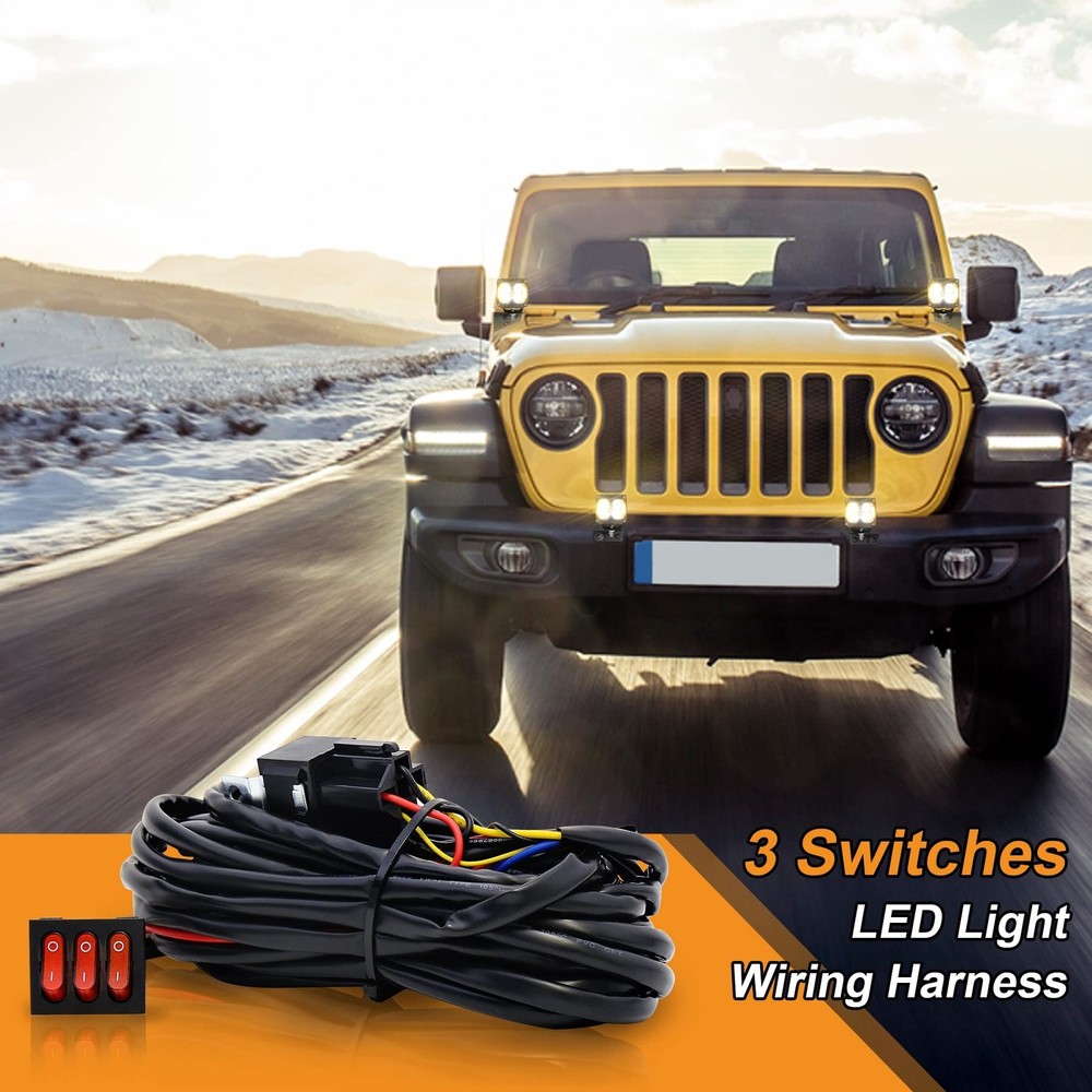 12V 4 Wire LED Side Shooter Pods Wiring Harness Kit with 3 On/Off Switches fo...