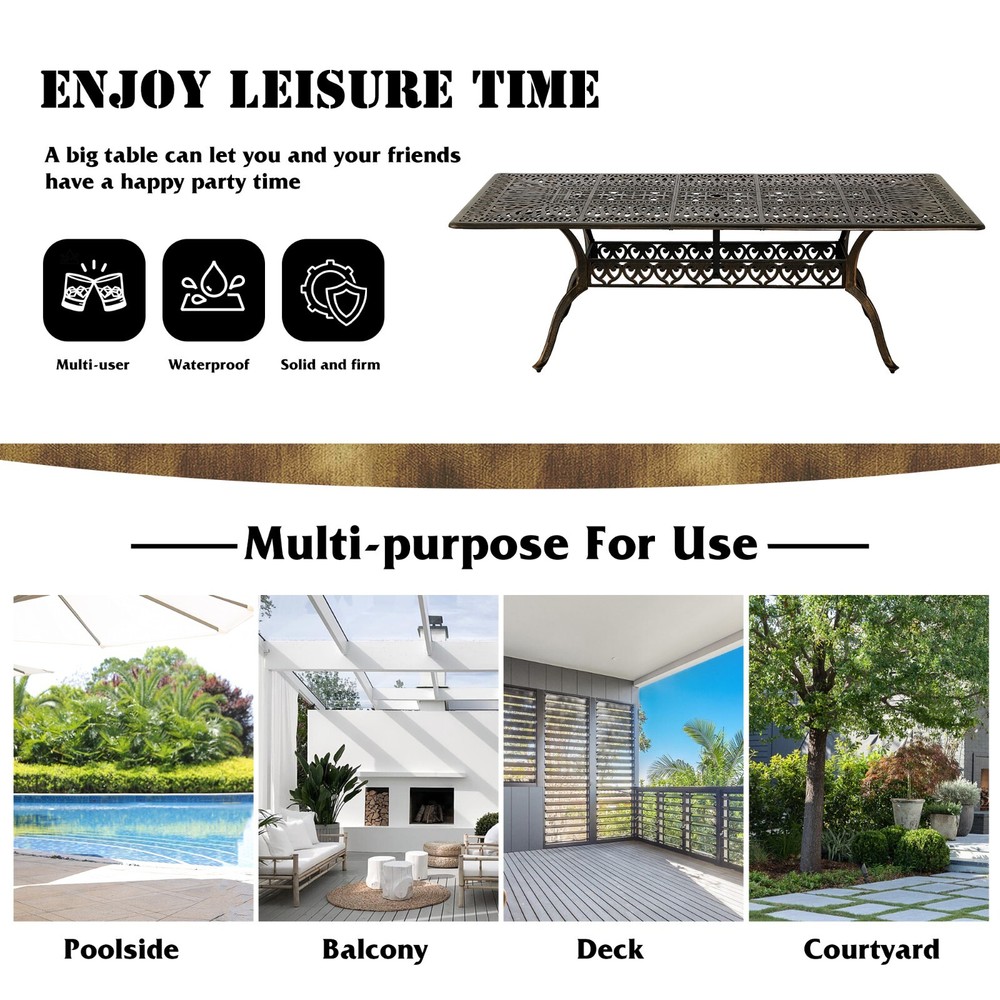 86.6in Rectangular Cast Aluminum Outdoor Dining Table with 2 " Umbrella Hole