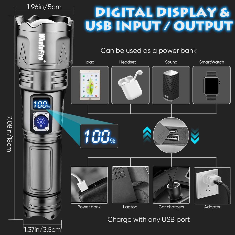 1000000 Lumens LED High Powerful Flashlight Super Bright USB Rechargeable Torch