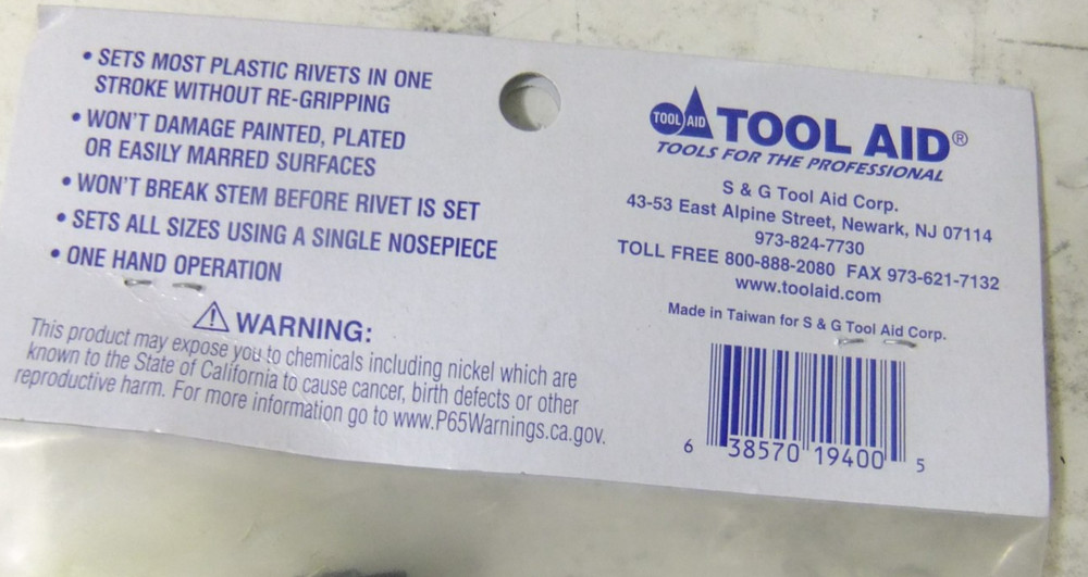 Tool Aid Rivet Tool For Plastic Rivets 19400. Ec