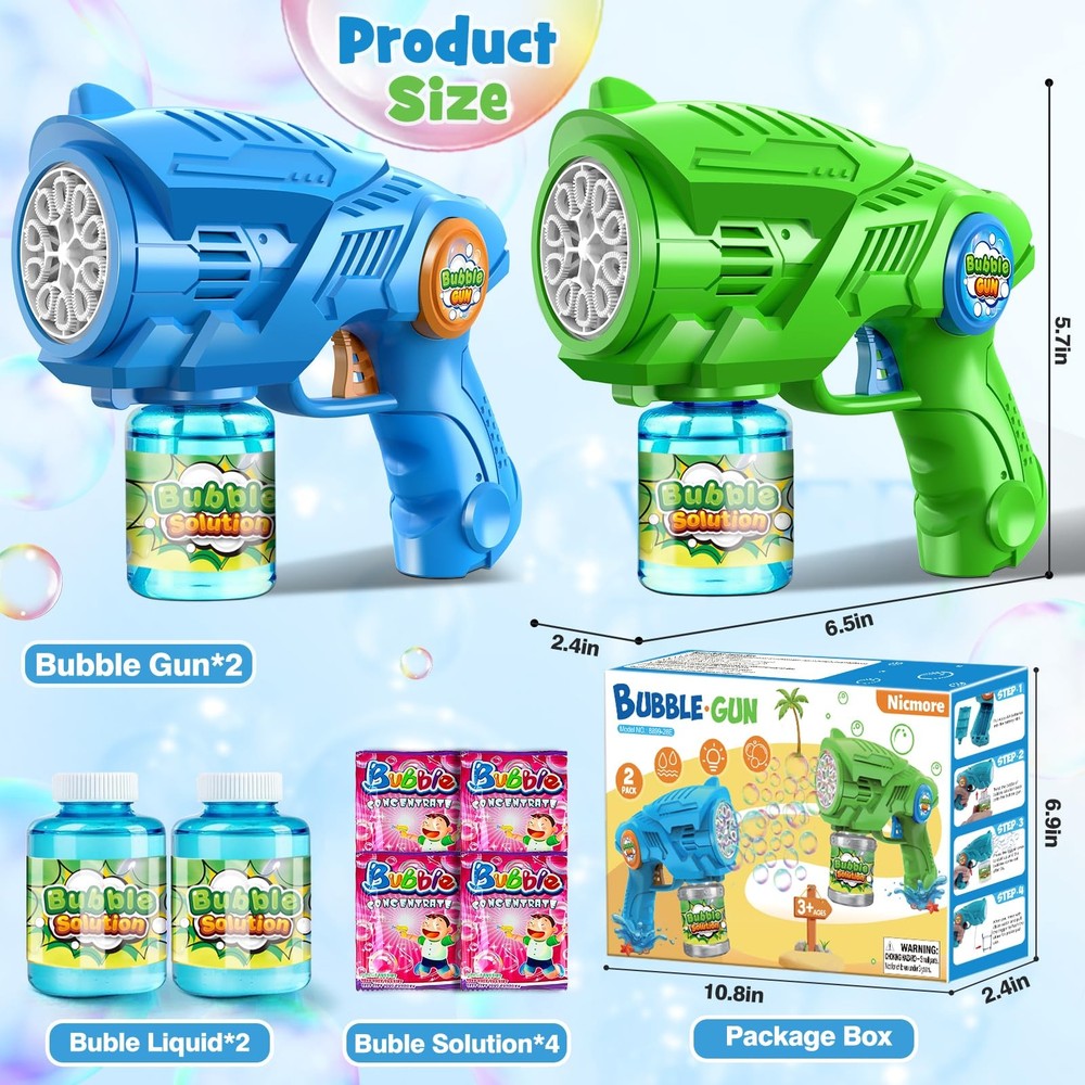 Bubble Gun Machine for Kids 4-8: 2-Pack Automatic Medium, Blue+green