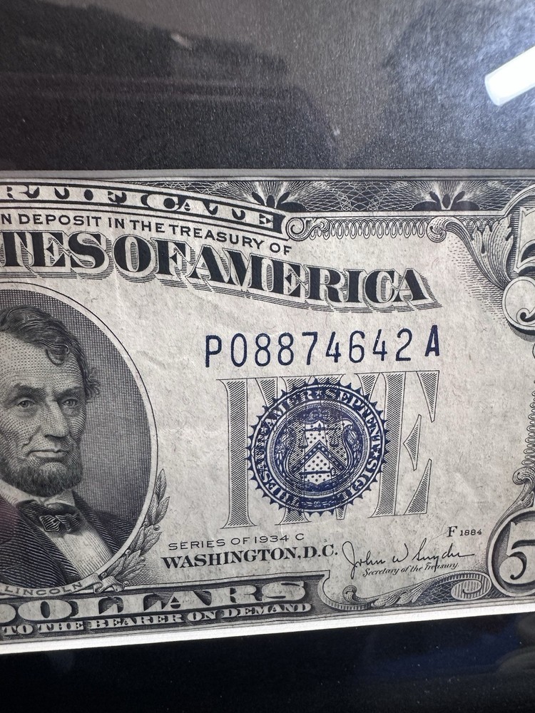 1934 Set $5 BLUE SEAL SILVER CERTIFICATE With Frame !