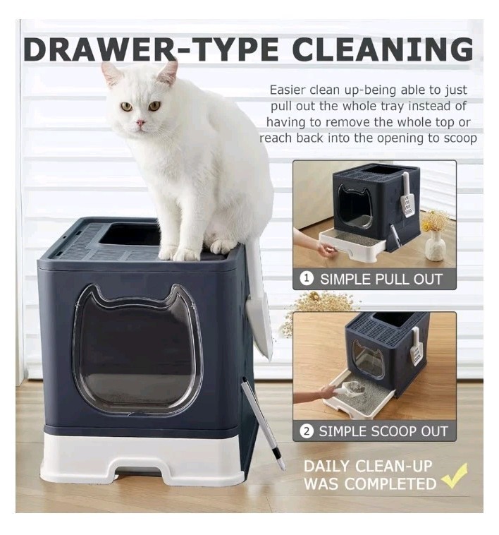 Cat Litter Box with Lid, Foldable Enclosed Covered Top Entry Kitten Litter Boxes