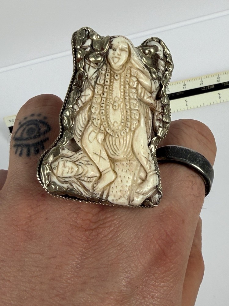 Handmade Nepalese Kali Goddess Bone & Silver Ring – Adjustable, 34.67g