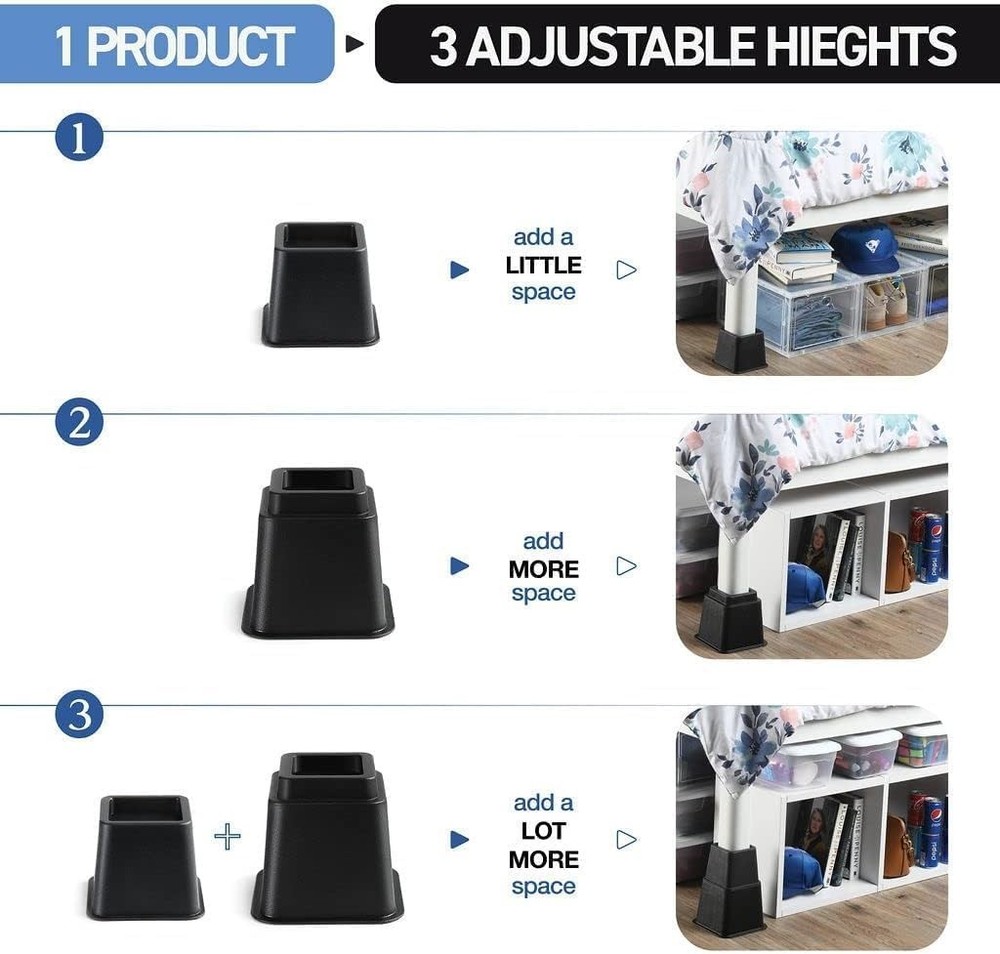 Adjustable Bed Risers - Elevation in 3, 5 or 8 Inch - Heavy Duty Stackable Fu...