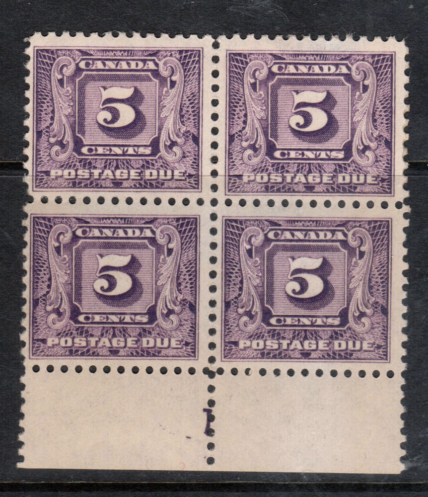Canada #J9 Very fine Never Hinged Plate #1 Lower Block