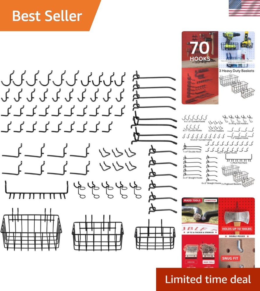 Black Pegboard Hook and Basket Set - Rust-Resistant & Durable 73-Pieces