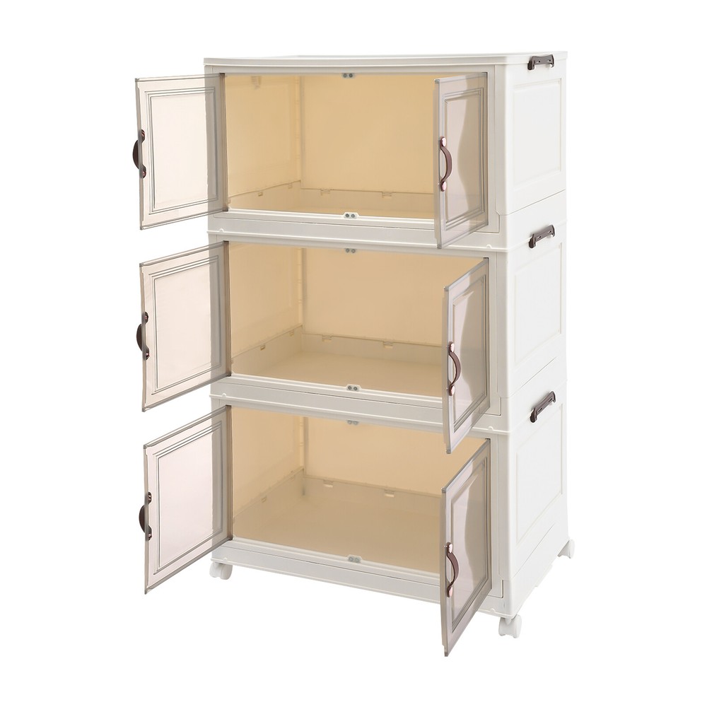 3PCS Foldable Stackable Storage Cabinets with Wheels White 25.59*16.54*43.5in US