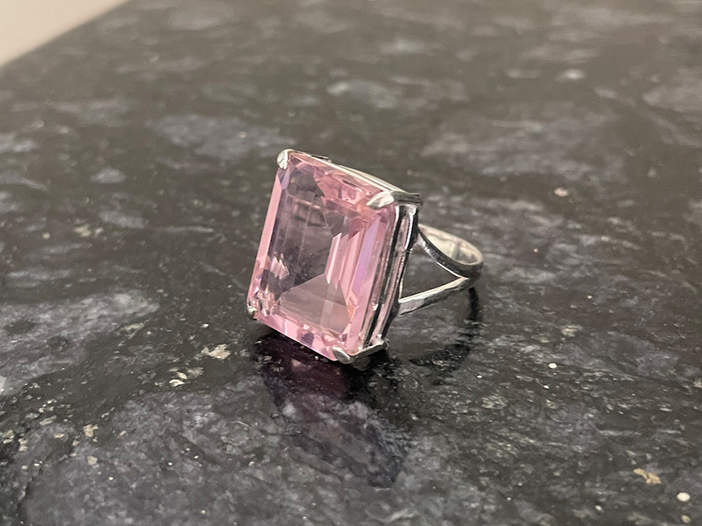 Pink Quartz Ring, Handmade Silver Ring, Prong Setting Ring, Emerald Cut Ring