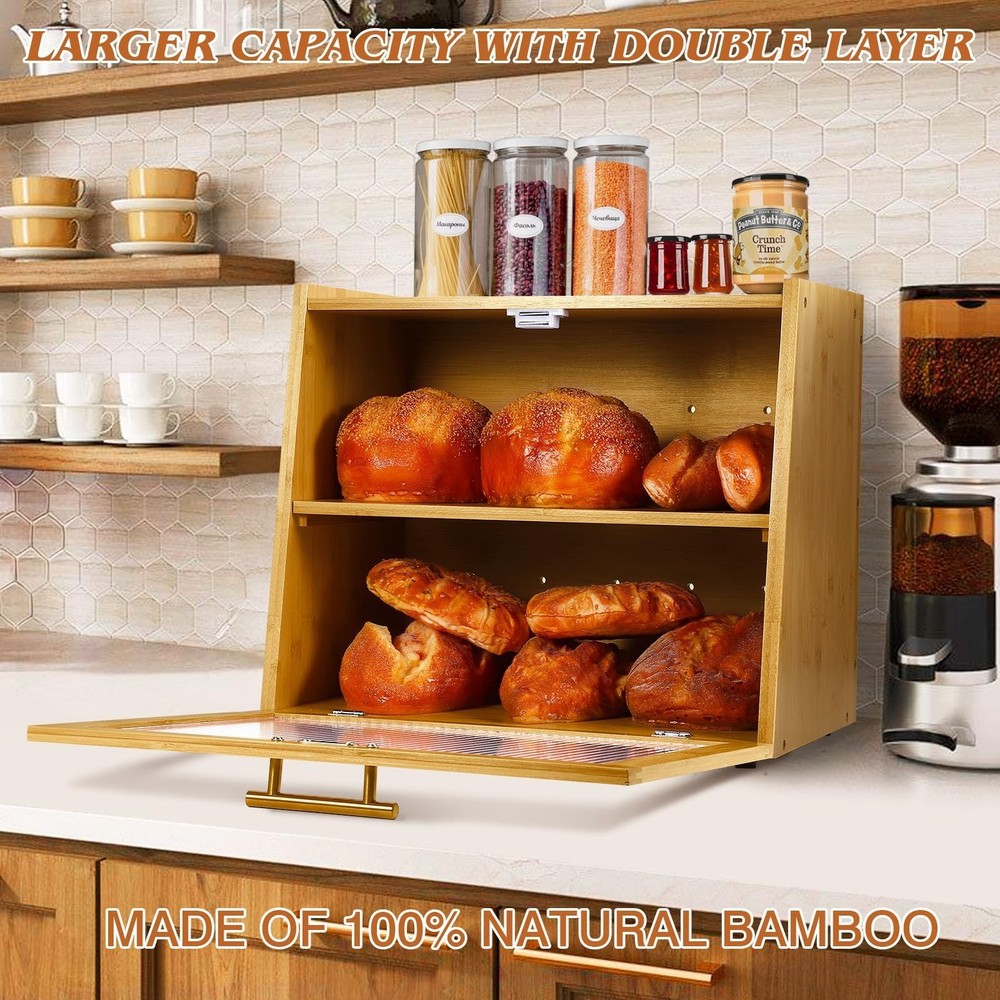 Joyvilla Double Layer Bamboo Bread Box for Kitchen Countertop, Bread Storage ...