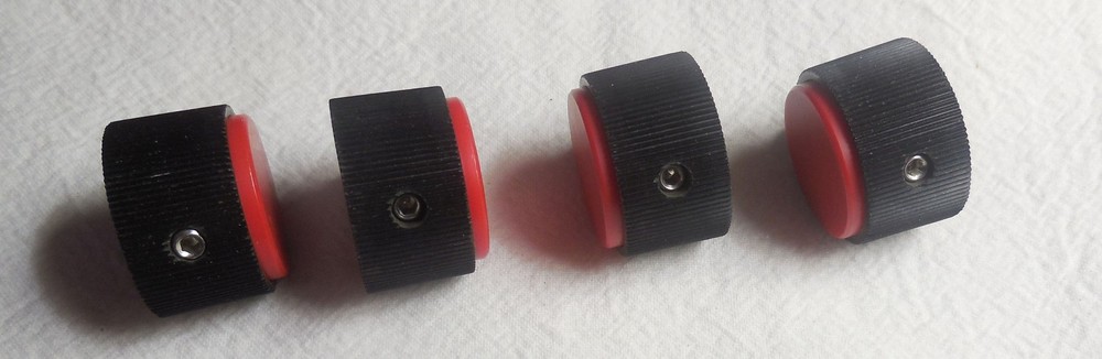 Qty(4) USED Black & Red Plastic Electronic Knobs 1/4 Shaft
