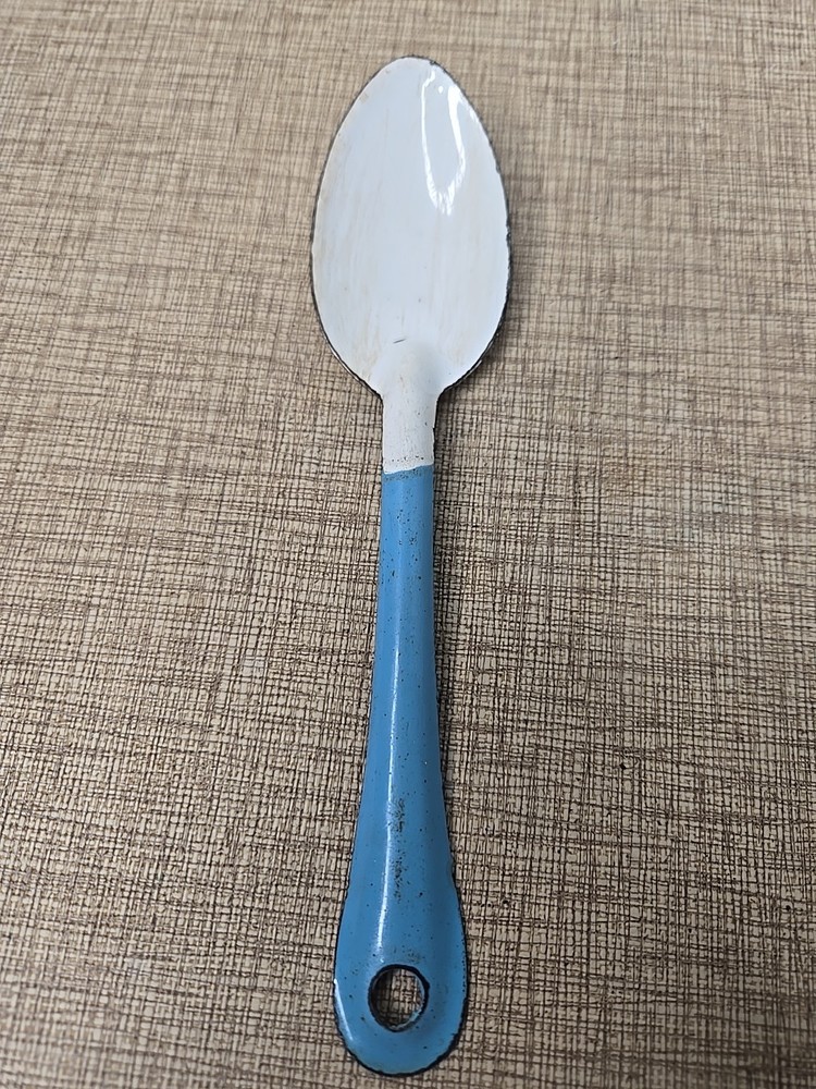 Vintage Enamel 8” & 6" Serving Spoons / Blue & White