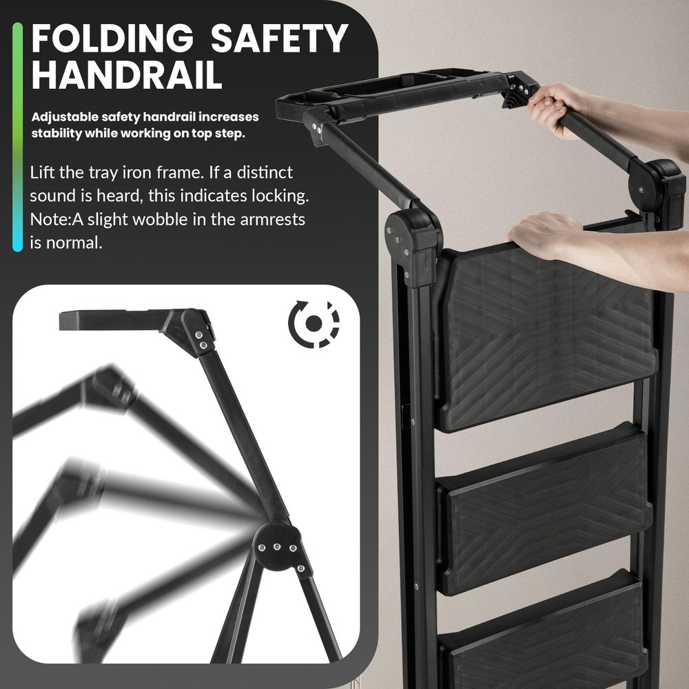 3 Step Ladder, Foldable Handrail & Tool Tray Stool Ladders with Anti-Slip Wid...