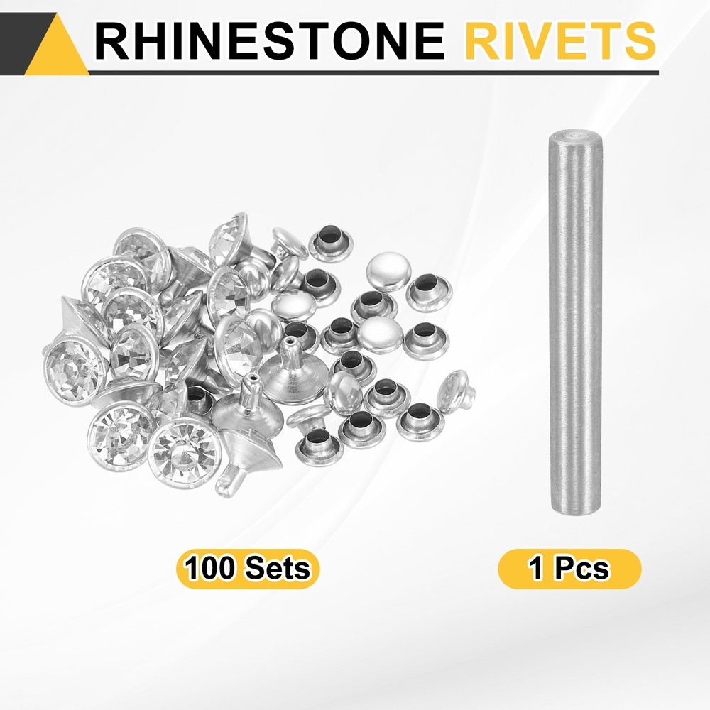 100pcs Crystal Rivets 9mm Rhinestone Stud with Installation Tool, Silver Clear