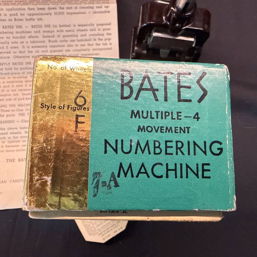 Vintage Bates Automatic Numbering Machine Stamp W/Box. 6 Wheels