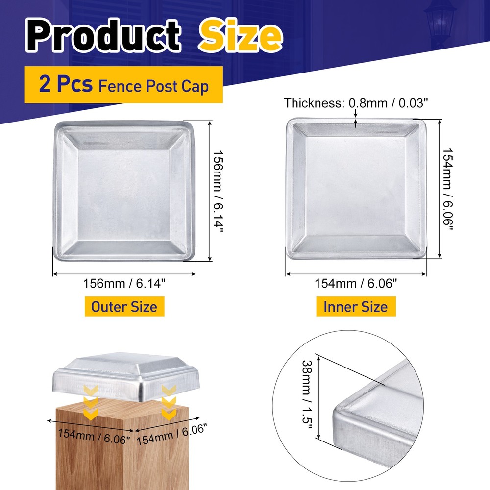 2Pcs Fence Post Cap, Galvanized Deck Post Caps Fit 6.1" x 6.1" Pipe, Silver
