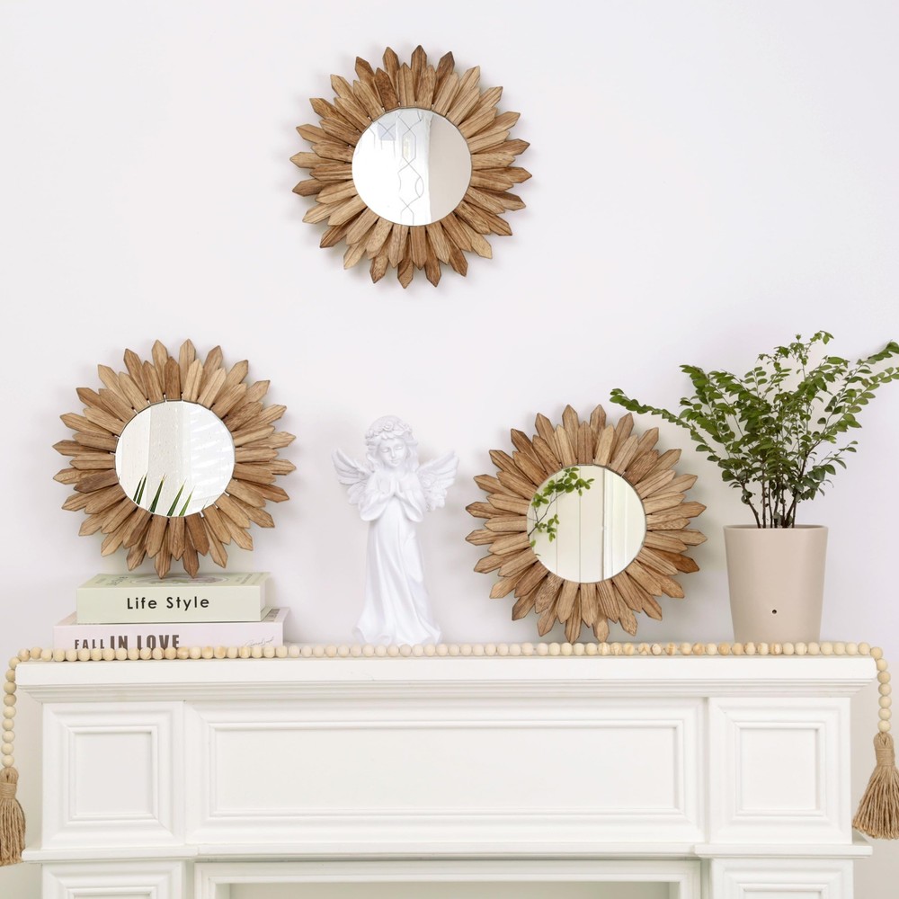 Boho Wall Decor Sunburst Mirror 3 Pack Rustic Round Wood Mirror 12 Inch Boho Mir