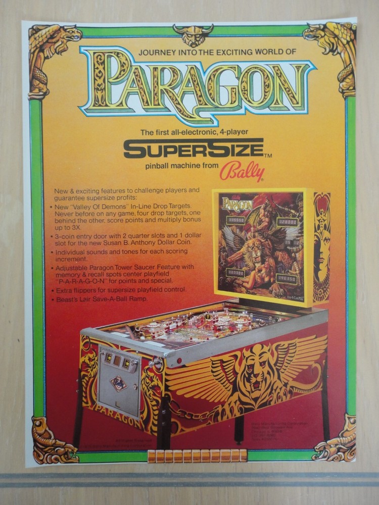 Paragon Pinball Machine Flyer Original Magazine Pull Out Advertisement