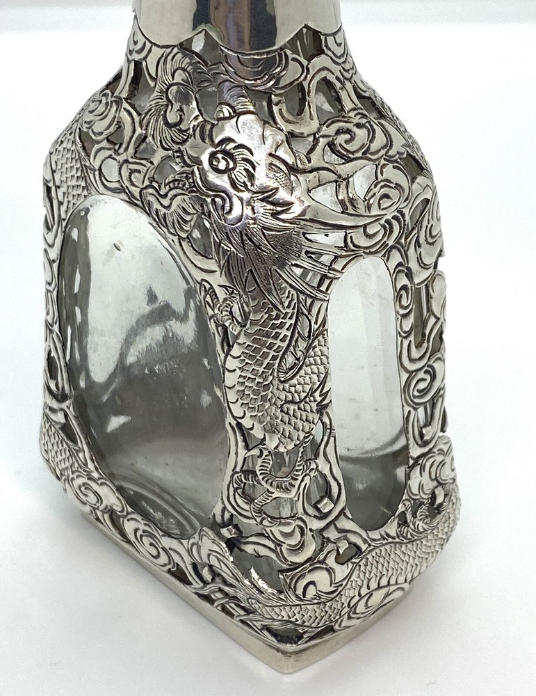Antique Asian Signed Silver Overlay Dragon Pattern Bitters Bottle 5” 143g